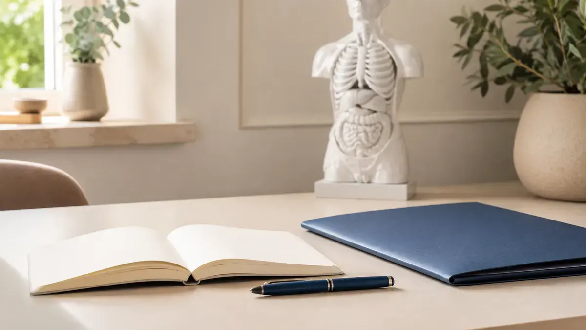 Caderno aberto e pasta azul sobre uma mesa de consulta.