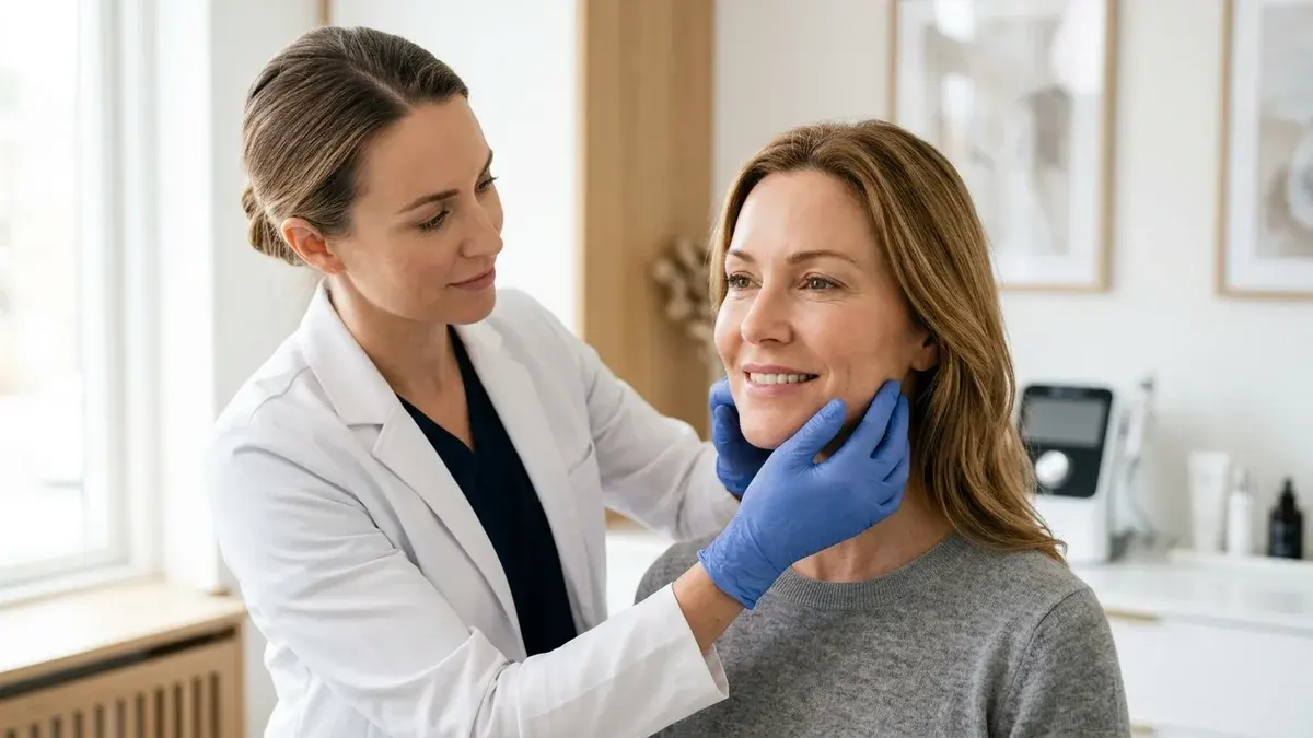 Ilustração de uma avaliação facial, com uma profissional usando luvas azuis.
