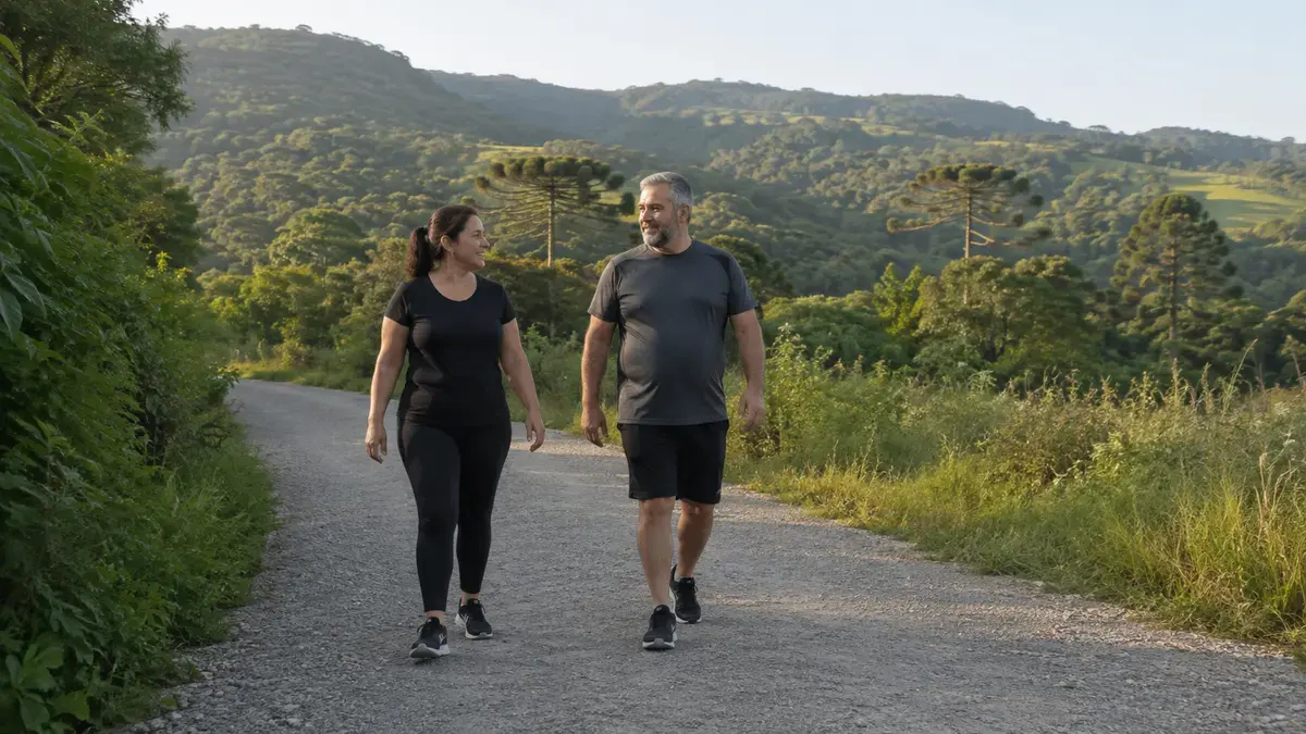 Duas pessoas adultas caminhando em um caminho arborizado com colinas ao fundo.